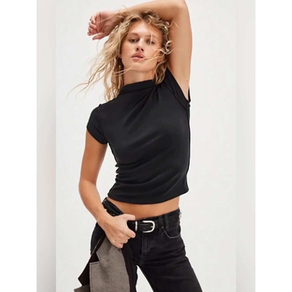 We The Free Lola Tee Black Mock Neck Exposed Seam Short Sleeve Top OB2197819 M